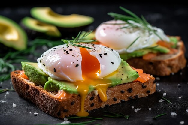 A plate of toast with a fried egg and salmon on it