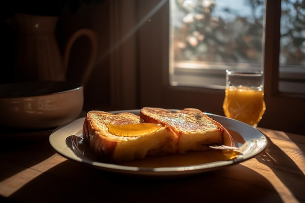 Тарелка поджаренного хлеба со стаканом апельсинового сока рядом с ним