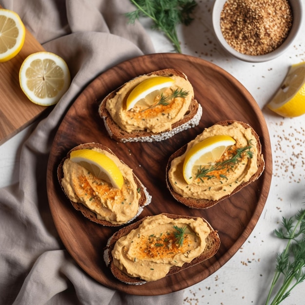 Foto un piatto di toast con hummus sopra e una ciotola di limoni a lato.