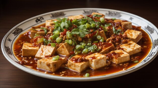 A plate of tofu with green onions and green onions