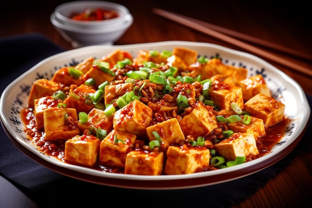 A plate of tofu with green onions and scallions