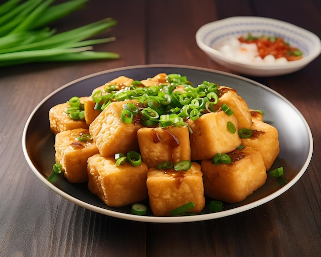 A plate of tofu with green onions on the side