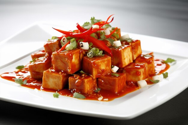 A plate of tofu with a red sauce on top