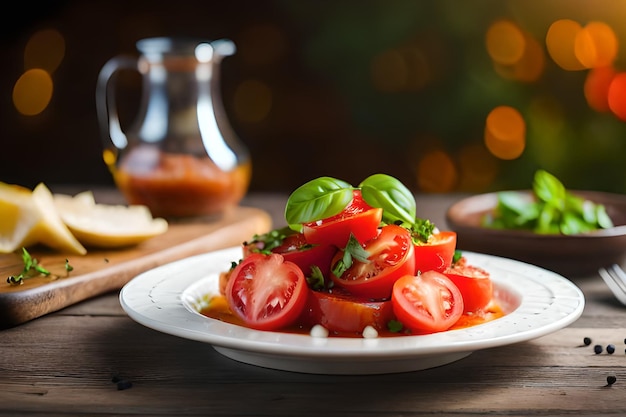 A plate of tomato salad with basil leaves on the side