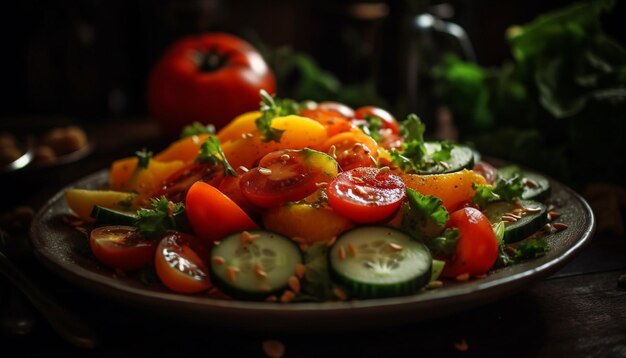 A plate of tomato salad with a tomato and cucumber salad