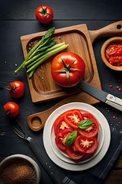 A plate of tomatoes and a knife on a wooden cutting board with a knife next to it.