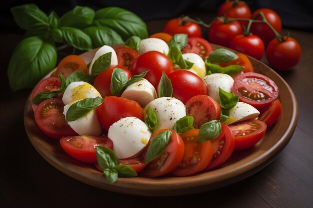 A plate of tomatoes, mozzarella, and basil with basil on the side