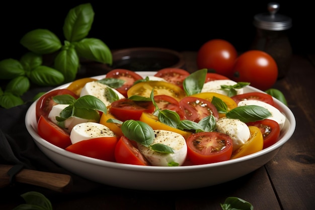 A plate of tomatoes, mozzarella, and mozzarella salad