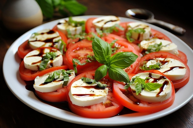 A plate of tomatoes and mozzarella on a table AI