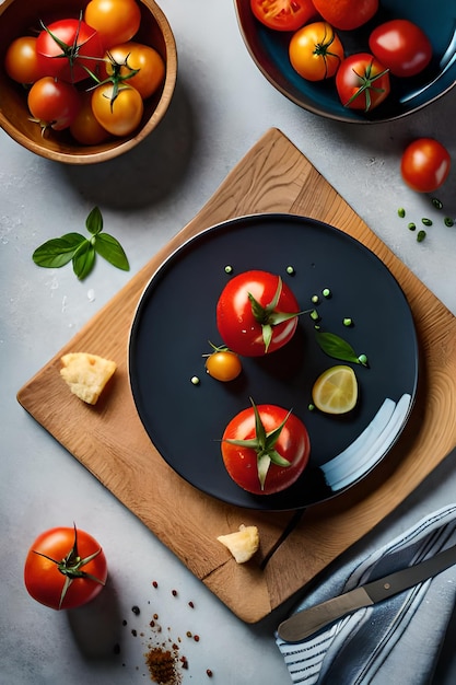 A plate of tomatoes with a fork on a wooden board