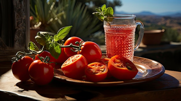 a plate of tomatoes with a jar of juice