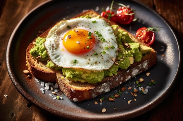 A plate topped with a fried egg and avocado generative ai image