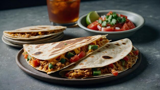 a plate of tortillas with a drink and a drink