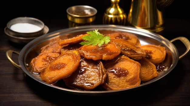 a plate of traditional sweet caramel Bengali Malpua with golden brown syrup
