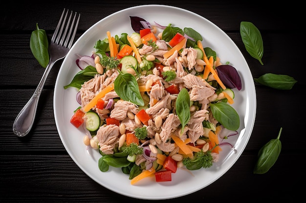 A plate of tuna salad with spinach, cucumber, and spinach