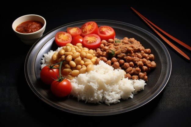 Plate of typical Brazilian food with rice beans and meat Generative AI