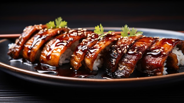 A plate of unagi grilled eel sushi with its lustrous glaze