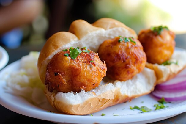 A plate of vada pav a vegetarian fast food dish native to the Indian state of Maharashtra It consists of a potato fritter vada sandwiched between two slices of bread pav