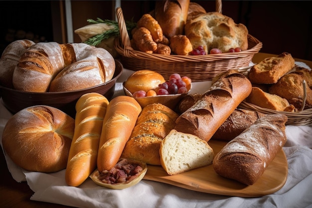 Plate of various breads including baguettes rolls and loaves created with generative ai