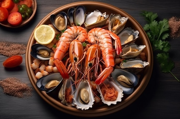 A plate of various snacks seafood mussels boiled crayfish