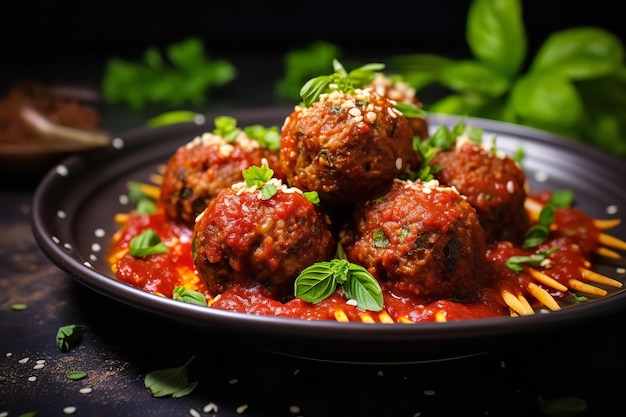 A plate of vegan lentil meatballs with marinara sauce