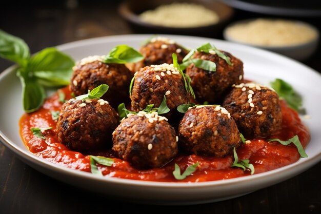 A plate of vegan lentil meatballs with marinara sauce