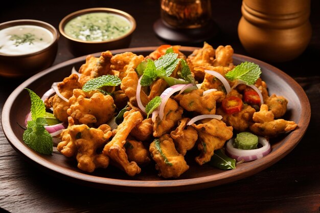 A plate of vegetable pakoras served with tamarind chutney and mint yogurt sauce