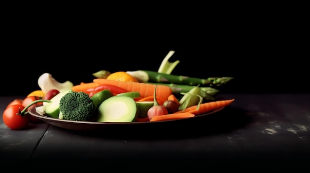 A plate of vegetables on a black background