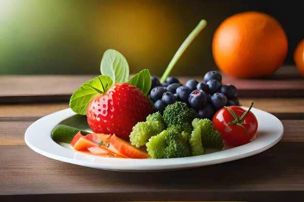 a plate of vegetables including broccoli, carrots, and strawberries.