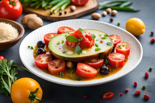 A plate of vegetables including melon, strawberries, and other vegetables.