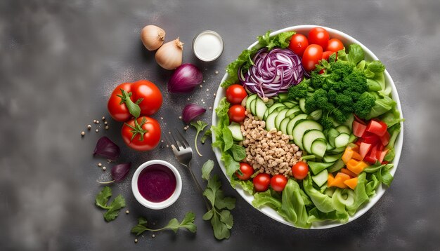 a plate of vegetables including radishes onions and tomatoes