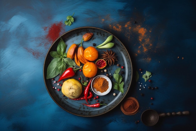 Plate of vegetables and spices on blue background