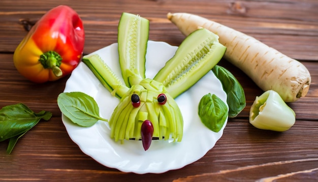 A plate of vegetables with a bunny head on it.