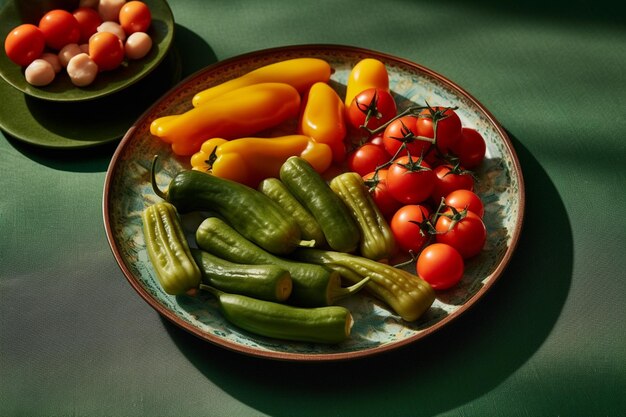 A plate of vegetables with a green background and a red tomato on the bottom.