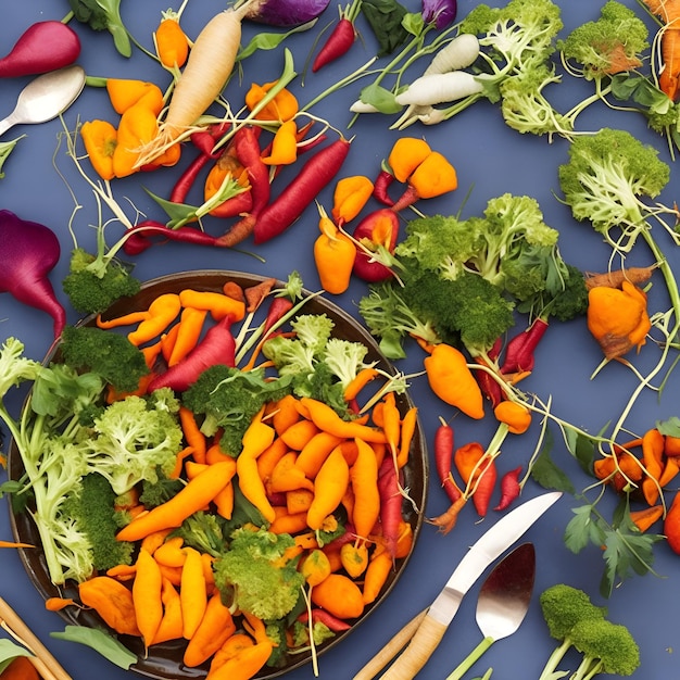 A plate of vegetables with a spoon and a bowl of vegetables on it.