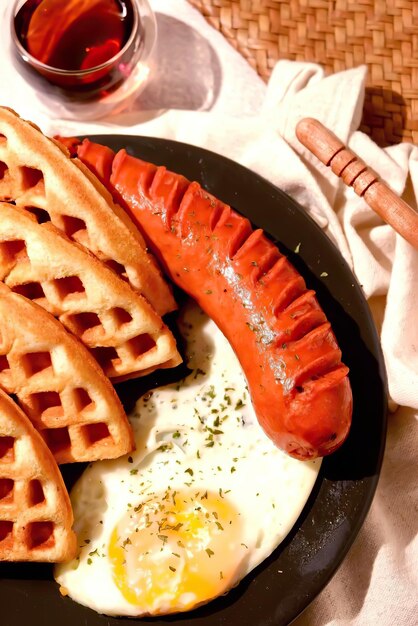 A plate of waffles and a sausage on top of an egg.