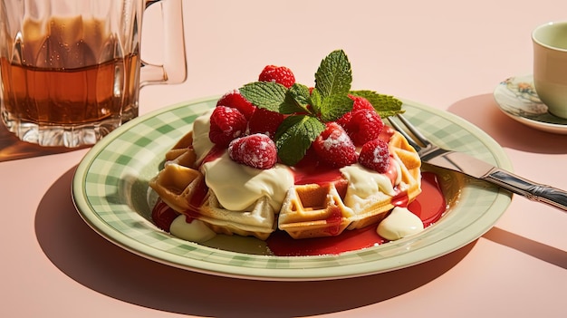 a plate of waffles syrup whipped cream and strawberries in the style of colorful geometrics