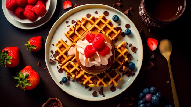 Photo plate of waffles topped with whipped cream and raspberries generative ai
