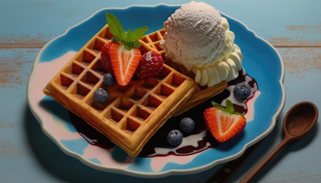 A plate of waffles with berries and a blue and white striped tablecloth.