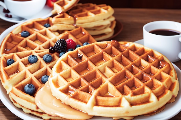 A plate of waffles with blueberries and blackberries on top.