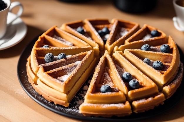 A plate of waffles with blueberries on it