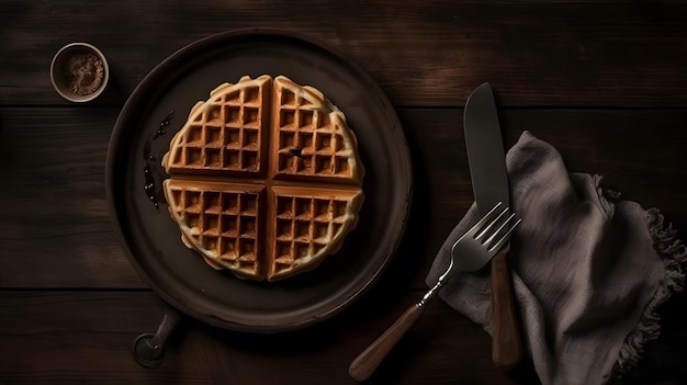 A plate of waffles with a fork and knife on it