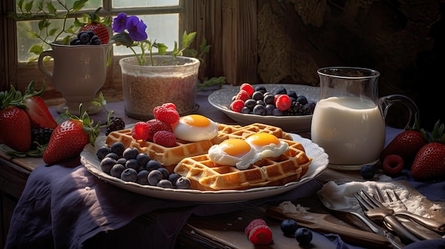 A plate of waffles with fruit and a egg