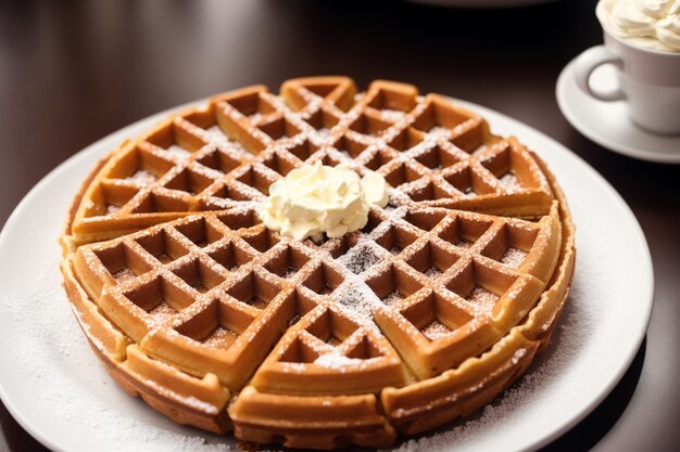 A plate of waffles with powdered sugar on top of it