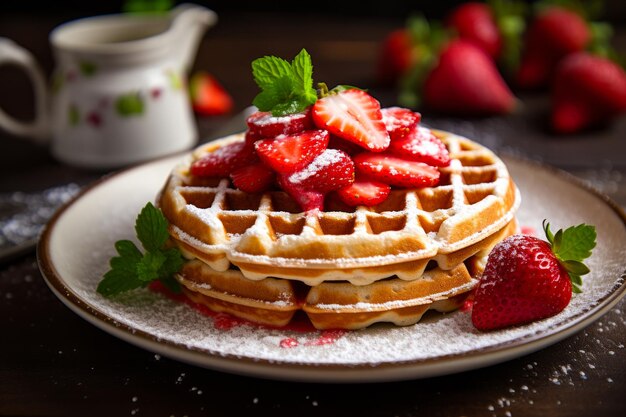 Plate of waffles with strawberries on top Generative AI