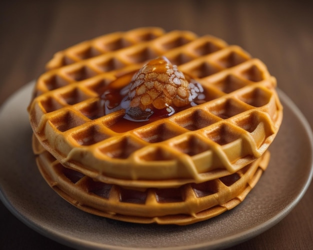 a plate of waffles with syrup on it