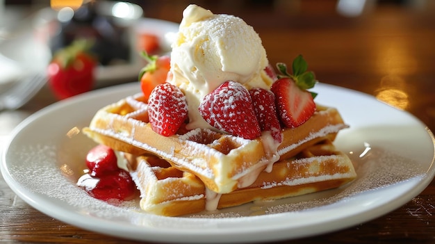 Plate of Waffles With Whipped Cream and Strawberries A Delicious and Classic Breakfast Dish