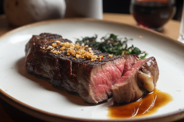 Plate of wagyu steak rare and juicy with side of roasted garlic