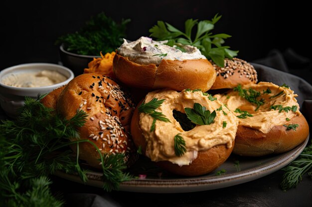 Plate of warm bagels topped with creamy vegan spreads and fresh herbs created with generative ai