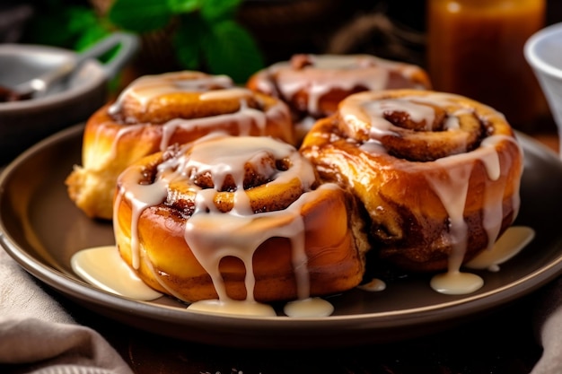 Plate of warm cinnamon rolls with icing drizzle AI